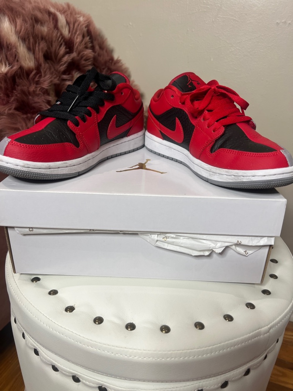 Women’s Red, Black & Gray Low-Top Jordan 1 Sneakers - Picture 4 of 5